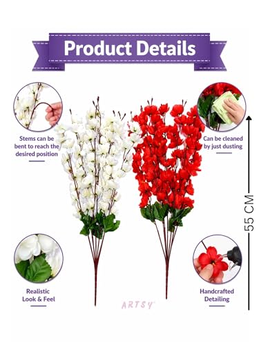 Image of ARTSY Artificial Flowers Bunch For Decoration Cherry Blossom, Ideal for vase, Home, Office decor, gifts, craft, artificial plants for decoration, Without vase, White Red, combo, 2 Piece, 55 cm height
