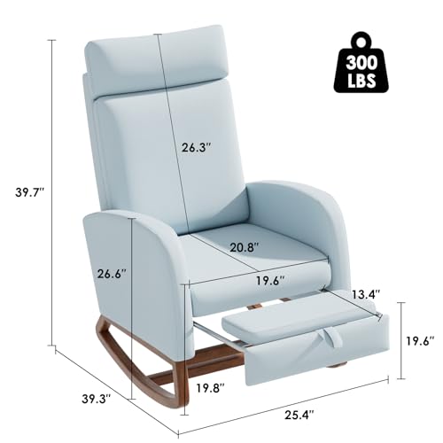 Image of Rocking Chair Nursery High Back Rest Glider Rocker with Footrest Nursing Rocking Chairs Upholstered Accent Arm Chair for Living Room Bedroom Indoor, Light Blue