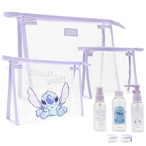 Disney Conjunto de itens essenciais de viagem Stitch, bolsas de maquiagem recarregáveis, frascos de viagem e potes de cosméticos - Essenciais de férias, Ponto lilás, One Size, Conjunto essencial