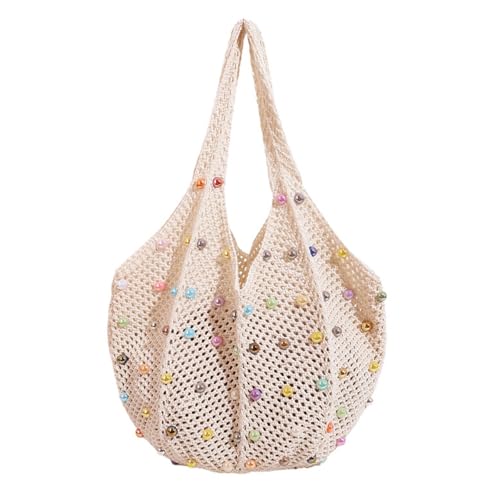 MLPKOI Borsa a Tracolla All'uncinetto, Borsa da Spiaggia Bohémien Uncinetto a Spalla con Perline Colorate, Spiaggia in Rete Estive, Crochet Tote per Shopping, Viaggi e Uso Quotidiano, viaggi