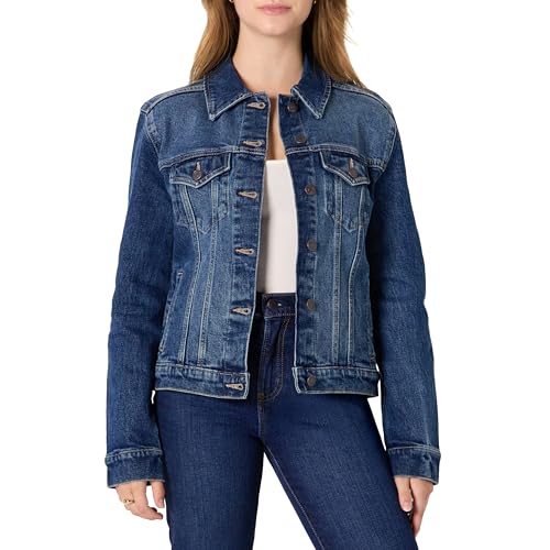 Amazon Essentials Chaqueta 'Trucker' Vaquera de Baja Elasticidad y Corte Estándar con Botones en la Parte Delantera Mujer, Piedra Lavado Oscuro, L
