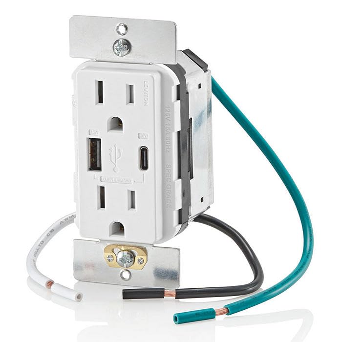 Image of Leviton 60W (20V@2.5A+ 5V@2A) USB Dual Type A /Type-C Power Delivery in-Wall Charger with 15A Tamper-Resistant Outlet, USB Charger for Smartphones, Tablets, Laptops, T5634-W, White (Pack of 10)