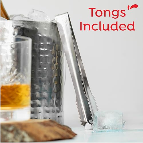 Image of Sipologie Stainless Steel Double Wall Ice Bucket with Tong [1500 ml] - Full Hammered Finish, Insulated with Lid & Handle for Home Bar & Parties