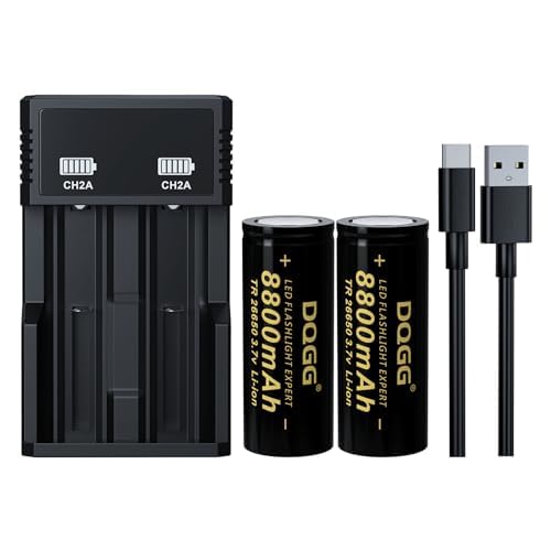 PAOWANG 26650 Rechargeable Battery 3.7Volt 8800mAh Large Capacity Flat Top for Flashlight Headlamp(2 Pack,26650 Battery+Charger)