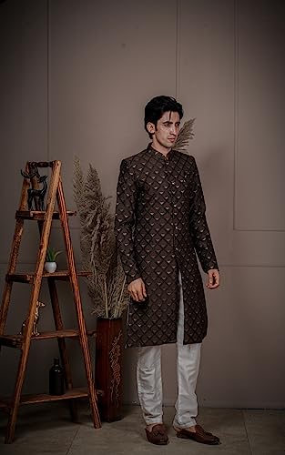 Image of Amzira Men's Soft Cotton Indo Western Kurta Pyjama Set with Mandarin Collared Neck Long Sleeves Button Closure and Solid Pant