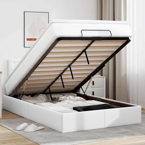 Fasba Ottoman-Bett mit Matratzen & LEDs Reinweiß 120x190cm Kunstleder, Polsterbett Doppelbett Stilvolles Funktionsbett mit hydraulischem Stauraum3312143