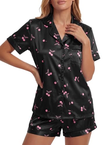 Image of LYANER Women's Satin Silky Pajamas Set Short Sleeve Button Shirt with Shorts Pjs Sleepwear Loungewear