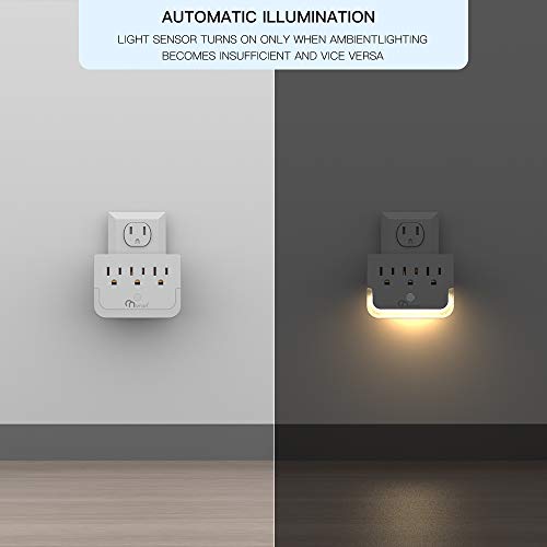 ONSMART Wall Outlet, Plug-in Night Light with 3- Outlet Extender, 2-Pack Warm White LED Nightlight with Dusk-to-Dawn Sensor, Suitable for Hallway, Stairs, Bathroom, Bedroom, Living Room ,Kitchen