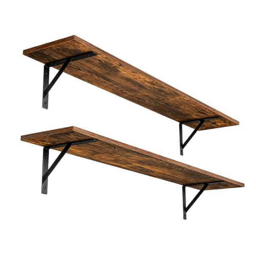 DINZI LVJ Long Wall Shelves 39.4Inch Wall Mounted Shelves Set of 2 Easy-to-Install Wall Storage Ledges with Sturdy Metal Brackets for Living Room Bathroom Bedroom Kitchen Rustic Brown
