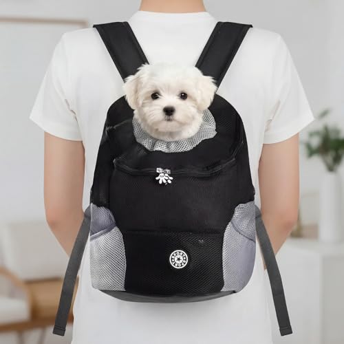 Pomodee Hunderucksack,Haustier Rucksack für kleine Hunde und Katzen bis 6.5 kg,Tragbar Atmungsaktiv mit Head Out Design und Sicherheitsclip,Verstellbar für Outdoor Aktivitäten Wandern Reisen,Schwarz