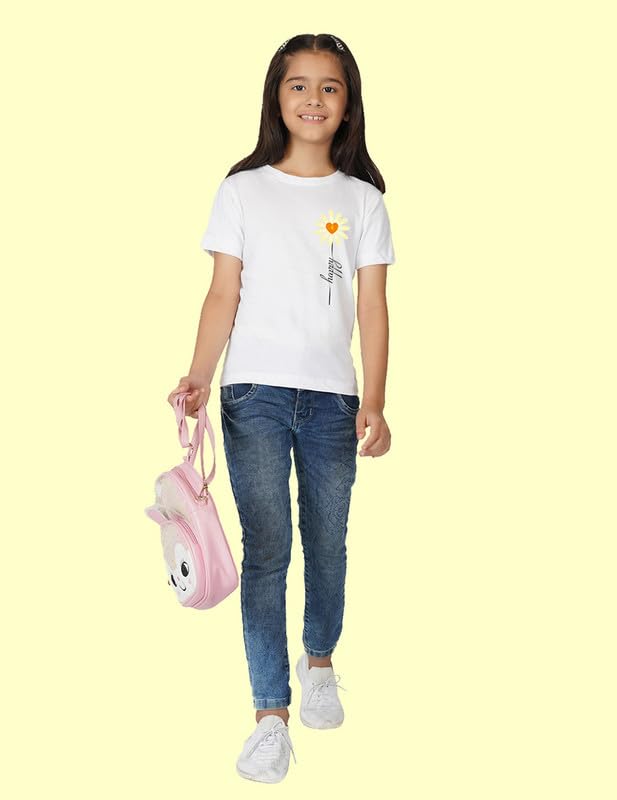 Image of Nusyl Girls Half Sleeves T-Shirt for Kids | Cute Printed Casual Wear | Soft Cotton Blend | Comfortable Regular Fit | 2-16 Years | Multiple Colors & Pack Options