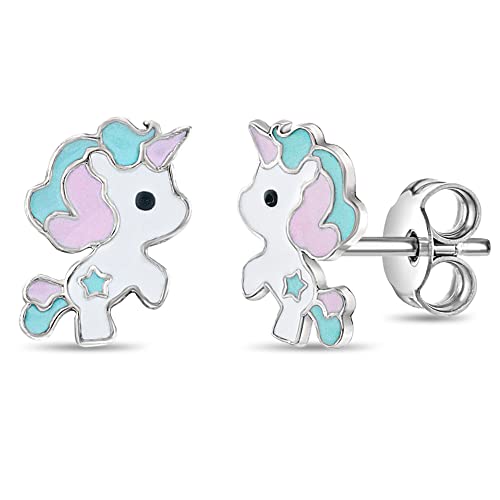 925 Sterling Silver Aqua Green Pastel Enamel Unicorn Earrings for Girls & Preteens - Cute and Magical Baby Unicorn Earrings for Birthdays - Lovely Safety Studs for Young Girls