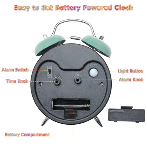 Image of Peakeep Learning Clock for Kids Time Teaching, Loud Alarm to Wake Up | 4.5 inch Twin Bell Alarm Clock Battery Operated for Teenagers Kids, Kids' Room (Aqua)