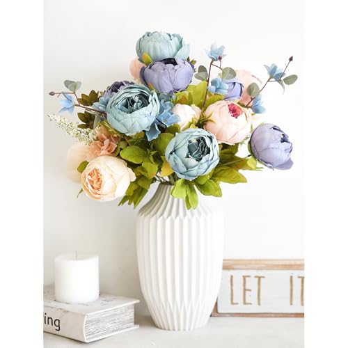 Image of FiveSeasonStuff Vintage Artificial Peonies Silk Peony Flowers and Hydrangeas for Wedding Bridal Home Decor - Beautiful Floral Centerpiece Arrangement with 2 Bouquets (Tranquil Blue and Pink Mix)