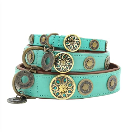 Dog with a Mission - Hundehalsband L | Türkis, Braun, Gold | Boho, Ethno, Urban, Hippie, Ibiza | Große Hunde | Handgemacht | Modisch und Bunt | Aus weichem Echtes Leder | 4 cm Breit