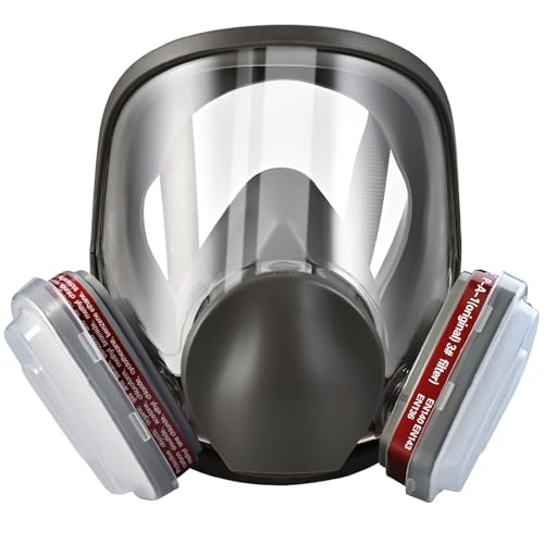 faburo Respirateur Facial Complet Réutilisable, Protection Respirateur Visage avec 10 Filtres de Rechange 5 Paires de Gants pour Peinture Particules Poussière, Résine Epoxy, Ponçage, Soudage