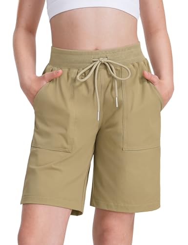 HASMES Girls Athletic Bermuda Shorts with Pockets Lightweight Quick Dry Hiking Cargo Running Shorts for Kids 7-14Y Khaki