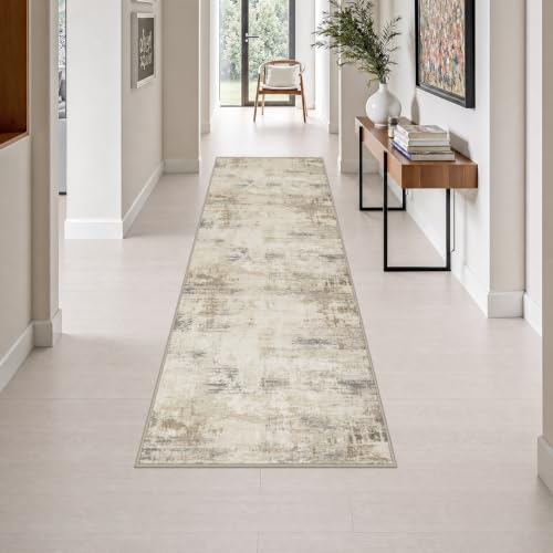 FXRHLP 2.6x8 Washable Runner Rug：Modern Abstract Soft Carpet Beige Brown