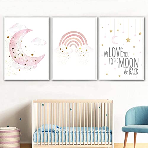 Pink Star Wall Art Moon Art Pink Pink Rainbow Pictures Moon and Stars Canvas Wall Decor Pink Cloud Art Pink Rainbow Wall Art Nursery Picture Girl Baby Room Decor Painting 16x24inchx3pcs No Frame