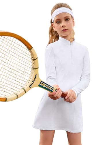 Image of Perfashion Girls Tennis Dress 1 /4 Zip Golf Outfit Built-in Bra & Shorts Pickleball Athletic Dress Workout Pockets 4-13Y