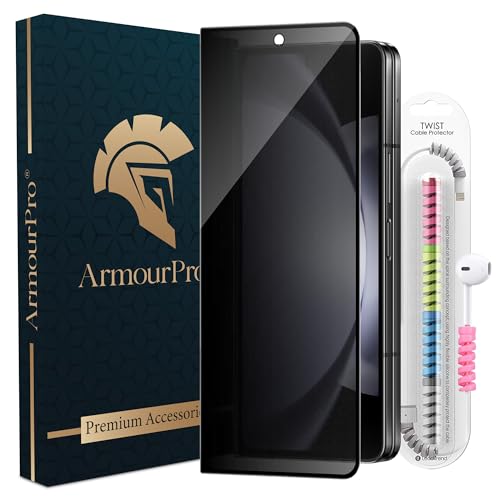 Image of ArmourPro Privacy Tempered Glass for Samsung Galaxy Z Fold 5, Anti Spy Anti Peeping Screen Protector, Edge-to-Edge Full Coverage, 9H Hardness with Cable Protector | Black