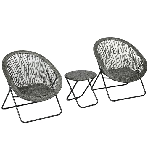 Outsunny Salon de Jardin extérieur en résine Ensemble Table et chaises d'extérieur pour 2 Personne 1 Table 2 Fauteuil Pliables Structure en Acier Gris