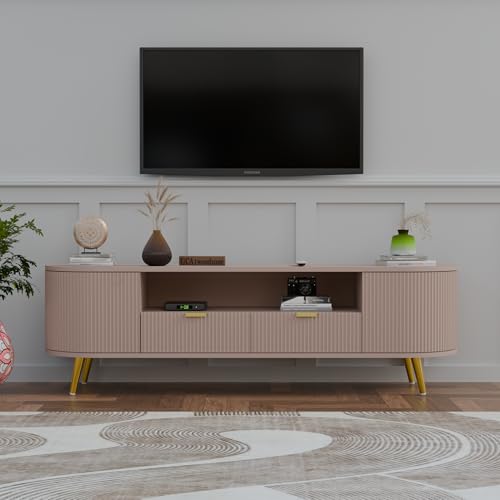 Image of 60L x 16W x 22H Inches Solid Wood TV Unit for Living Room | Modern TV Stand for 55-65 Inch TV | Free Standing Entertainment Cabinet with 2 Drawers (Beige)