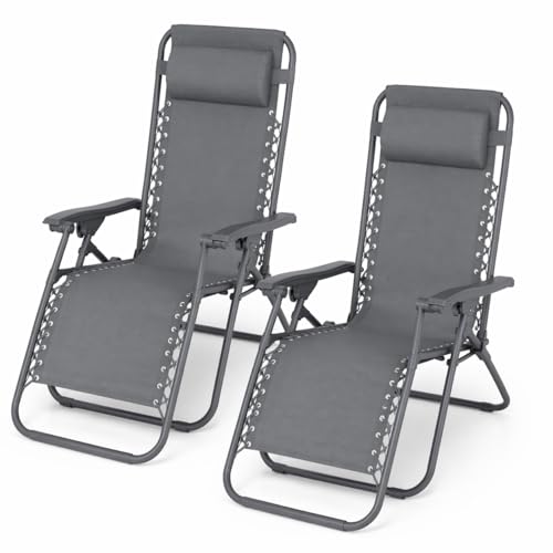TIENDA EURASIA - Tumbonas de Jardín Plegables para Exterior | Pack 2 Unidades | Multiposiciones Gravedad Zero | Estructura de Acero y Textileno | 177X65X113 cm | Cojín Incluido (Gris)