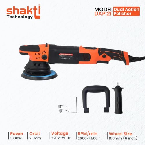 Image of Shakti Technology DAP-21 Dual Action Polisher 1000W Electric Car Polisher 21MM Orbit with D-Handle 2000-4500 RPM with 150MM(6Inch) Wheel Size, Disk Ideal for Cars (Digital Display Function)