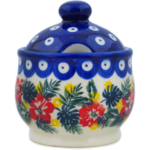 Authentic Polish Pottery Sugar Bowl 9 oz Signature UNIKAT in Tropical Peacock Design Handmade in Boles?awiec Poland by Ceramika Bona + Certificate of Authenticity