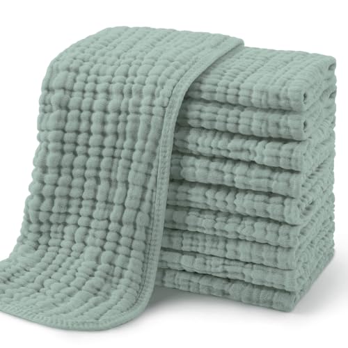 Image of Yoofoss Muslin Burp Cloths for Baby 10 Pack 100% Organic Cotton Baby Washcloths for Boys Girls Large 20''X10'' Super Soft and Absorbent Dark Green