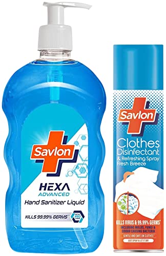 Image of Savlon Hexa Advanced Hand Sanitizer Liquid Pump Pack| 500ml, Natural & Savlon Clothes Disinfectant and Refreshing Spray 230 ml