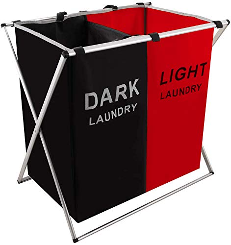FENGLE125LLaundry Basket 2 Section Hamper Organizer Sorter Storage Foldable and Light Hampers with Aluminum Frame 24x 15x 23 inches Washing Dirty Cloth Bag black Red 2 Sections