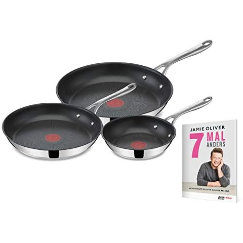 Tefal E304S3.JO7 Jamie Oliver Cook's Direct 3-teiliges Bratpfannen-Set | 20, 24, 28 cm | Induktionsgeeignet | Spülmaschinengeeignet | Thermo-Signal| Edelstahl/Schwarz Cover