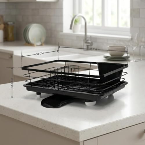 Image of ZENOVIA Dish Drying Rack with Drainboard, 1 Tier Kitchen Dish Rack with Detachable Utensil Holder, Carbon Steel Dish Drainer for Countertop, Fast Water Drainage, Rust-Resistant Kitchen Organizer