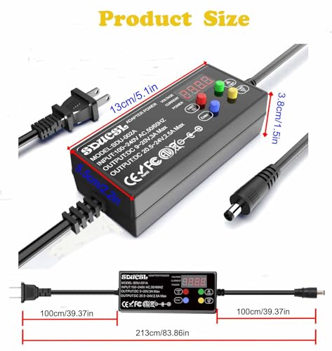 UL-Adjustable DC Power Supply 3A 100-240V Input, 5V/9V/12V/15V/18V/20V/24V Output, 3-Button Control & LED Display for Home, Lab, Industrial Tools (5-24V 4Key)4