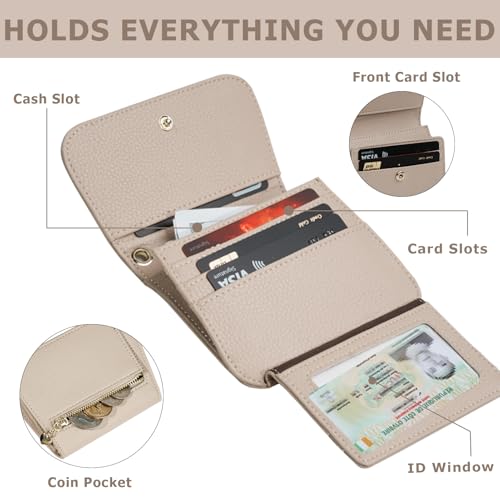 Image of Women Small Wallet RFID Blocking Slim Wallet with Coin Pocket Tri-Fold Credit Card Holder with ID Window and Keychain (Khaki)