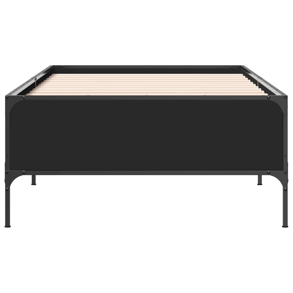 Drewnopochodny z metalowymi nogami stabilna rama 90x200 cm czarny | Rama łóżka 90x200 czarna z drewnopochodnego materiału i metalu, stabilna stelaż pod materac z listwami ze sklejki, wzmocnione