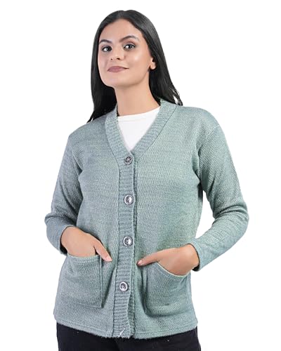 Image of MANRA Women's Woolen V-Neck Buttoned Full Sleeve Cardigan Self Design Soft Wool Fabric Winter Wear Pure Wool Sweater Fully Warm, Front Pockets Cardigan