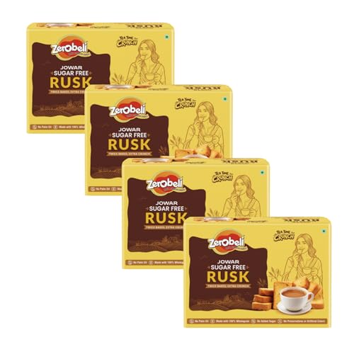 Image of Zerobeli Sugar Free Jowar Rusk - 225g (Pack of 4) | High Fiber Wholegrain Rusks | No Added Sugar, No maida & No Palm Oil | Healthy Snacks for Diabetics & Weight Management