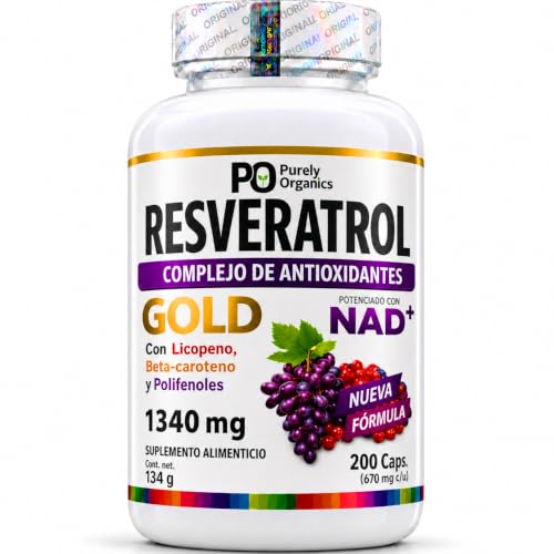 Resveratrol Gold con NAD+, Polifenoles de Té Verde, Vitamina C, Licopeno y Betacaroteno, Complejo Antioxidante Vegano para Adultos, 200 Cápsulas...