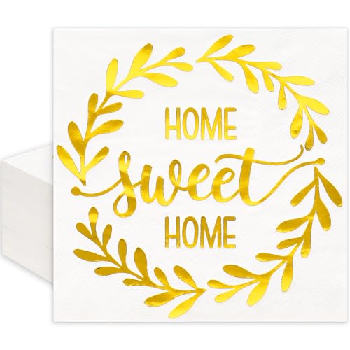 JarThenaAMCS 50 Pcs New Home Gift Cocktail Napkin Gold Foil Wheat Ear Disposable Paper Napkin Sweet Home Drink Beverage Napkins for Housewarming Party Supplies