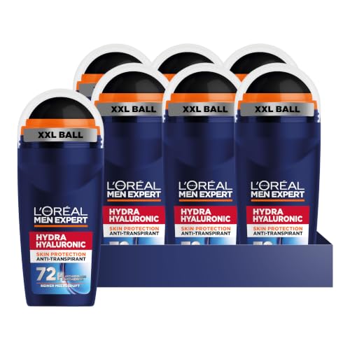 LOréal Men Expert 72H Hyaluron Deoroller für Männer Deo Roll-On gegen Schweißgeruch Schwitzen Achselnässe und weiße Rückstände Herren Anti-Transpirant Deo alkoholfrei Hydra Hyaluronic 6x 50 ml