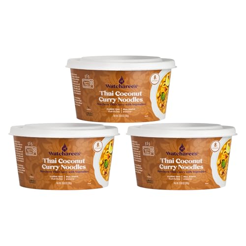 Watcharee's Classic Thai Noodles Bowl Variety Pack | Coconut Curry, Red Curry, and Peanut Sauce | Mild Heat, Vegan, Ready In 2 Mins | Made In Thailand - 3 Pack (9.88 oz Each)