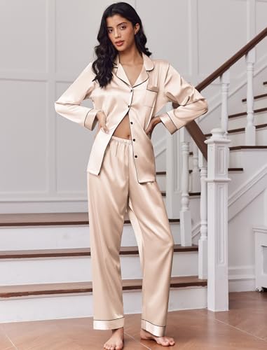 Image of Ekouaer Women's Classic Button Down Long Satin Silk Pajama Set