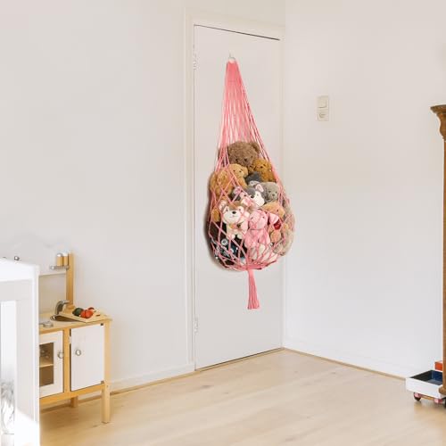 Image of Amdermi Stuffed Animal Net or Hammock Corner Hanging Net for Stuffy Animal Storage Macrame Toy Display Plush Toy Holder Wall Pet Net for Nursery Kid Bedroom Decor Playroom Organizer (Pink XL)