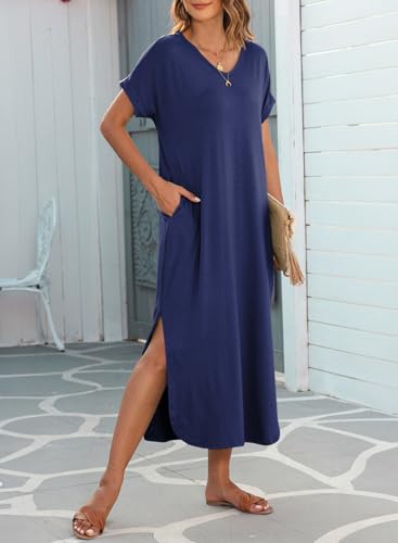 Image of Dokotoo Womens Casual Maxi Dresses Summer Dresses Coverups for Women Long T Shirt Dress Short Sleeve V Neck Sundress Plus Size Navy Blue Dress L