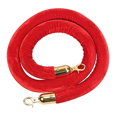 HAMOOM 1.5m Red Barrier Rope,33mm Velvet Stanchion Rope Twisted Queue Ropes Divider Crowd Control Stanchion Queue Posts Lint Rope with Gold Chrome Plated Hooks Safety Rope for Hotel Bank Bar 5 Feet Cover