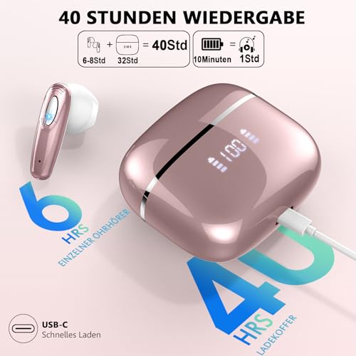 Kopfhörer Kabellos Bluetooth 5.3, 4 ENC Noise Cancelling Bluetooth Kopfhörer In Ear mit 14,2mm Dynamischer Treiber, 40 std Spielzeit, Ohrhörer Bluetooth Earbud, Digitale LED-Anzeige Wireless Kopfhörer – Bild 5