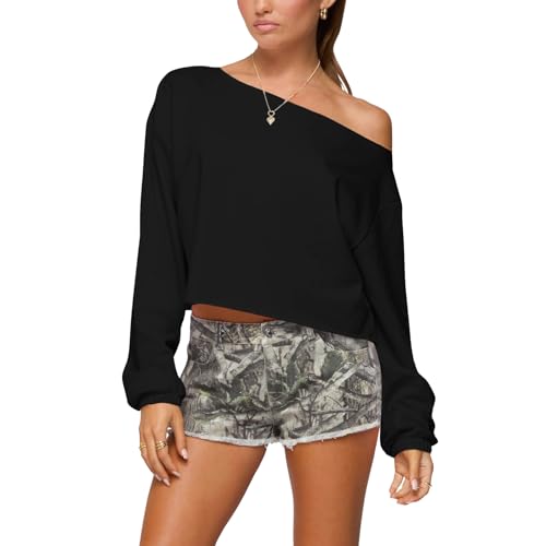 Image of Felcia Womens Off Shoulder Sweatshirt Long Sleeve Y2K Crop Tops (Black, S)